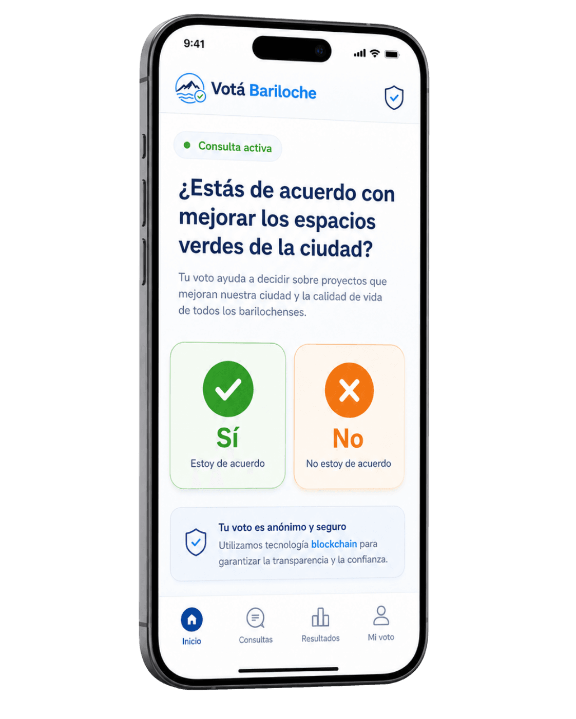 Mockup de la aplicación Votá Bariloche mostrando una consulta digital activa