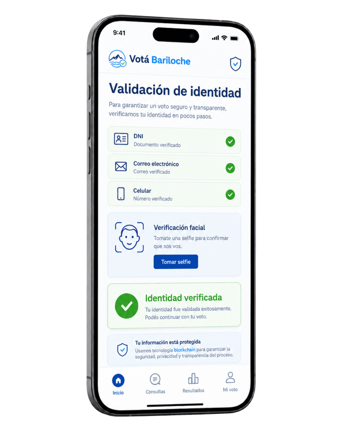 Mockup de la aplicación Votá Bariloche mostrando validación de identidad
